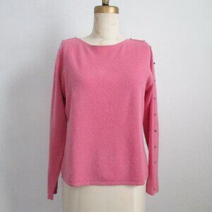 Rose Pink Cashmere Sweater Rhinestone Button Detail on Shoulders and Sleeves